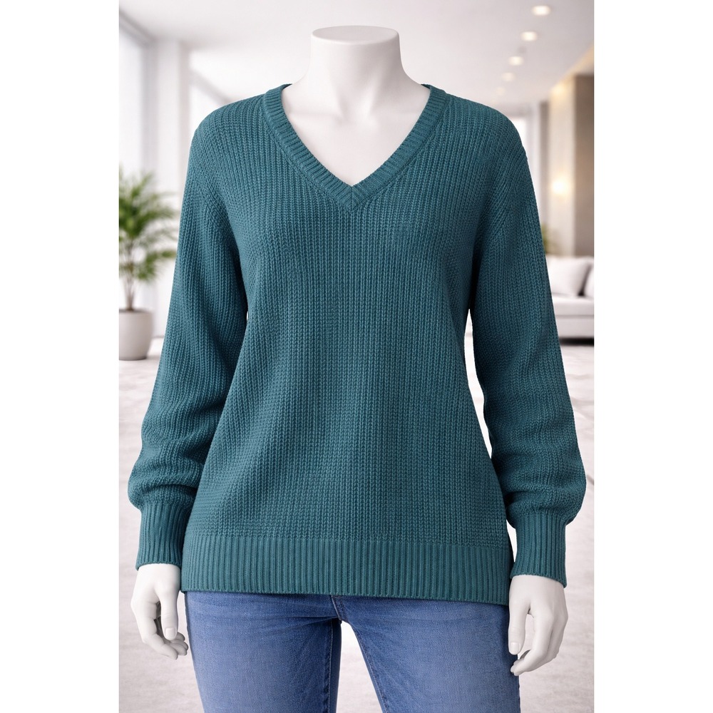 Belle‎ by Kim Gravel Teal Green Shaker Stitch V-Neck Sweater XL Split Hem